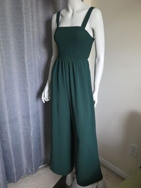 Smocked Wide-Leg Jumpsuit in Dark Emerald Green w Pockets